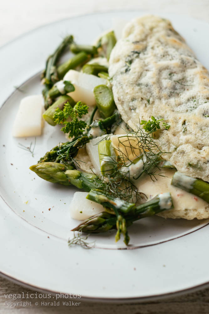 Stock photo of Vegan Herbed Crepes with Spring Turnips and Asparagus
