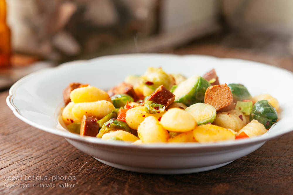 Stock photo of Gnocchi with Brussels Sprouts and Vegan Hot Dog Pieces