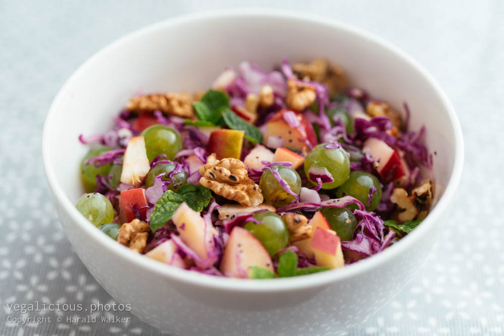 Stock photo of Red Cabbage Waldorf with Minty Poppy-seed Dressing