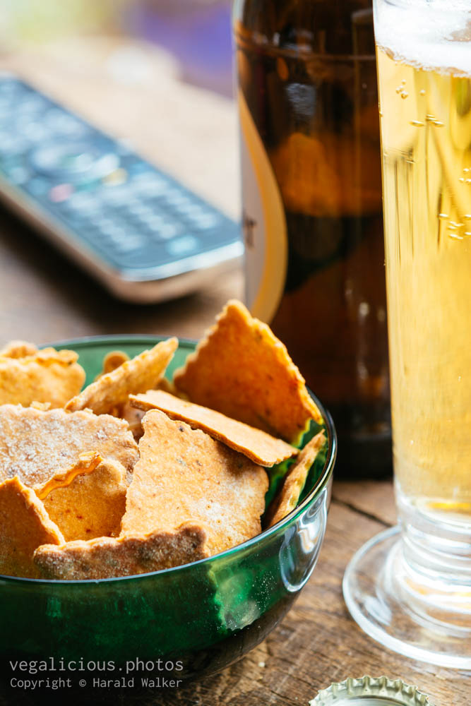 Stock photo of Spicy Chickpea Crackers and beer