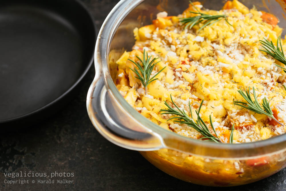 Stock photo of Vegan Winter Casserole with Apples, Winter Squash and Chickun