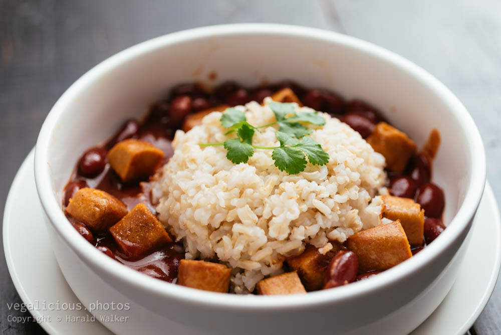 Stock photo of Red Beans and Rice with Vegan Sausages