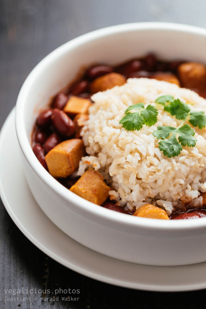 Stock photo of Red Beans and Rice with Vegan Sausages