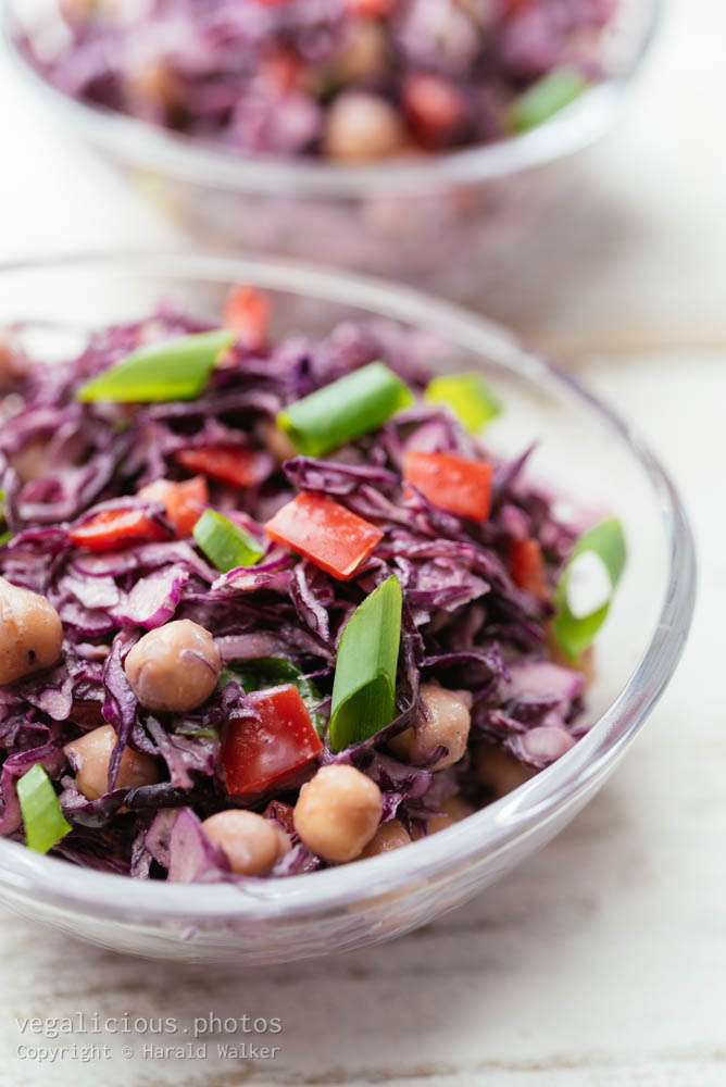Stock photo of Red Cabbage Salad with Chickpeas and Tahini Dressing