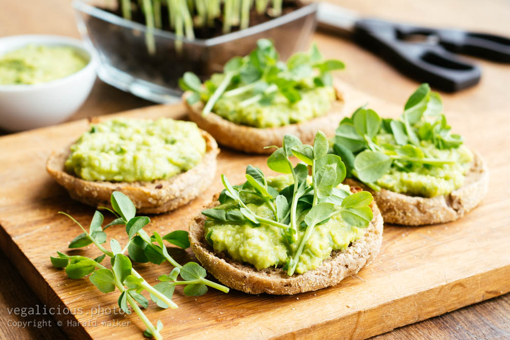 Stock photo of Muffins with an avocado/fava bean mash and pea sprouts
