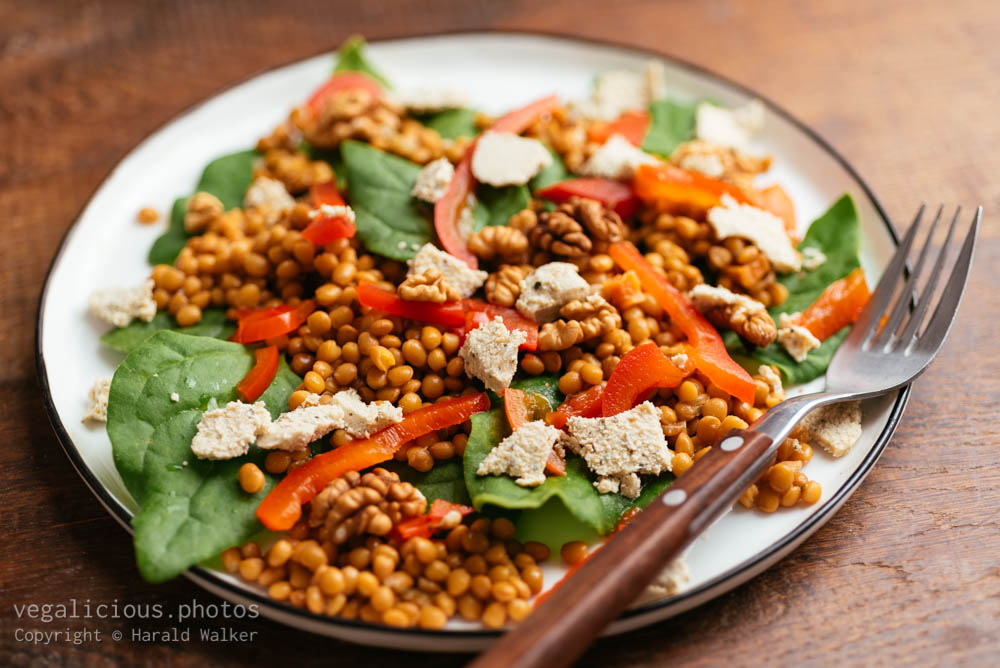 Stock photo of Spinach and Lentil Salad with Roasted Peppers, Walnuts and Vegan Feta