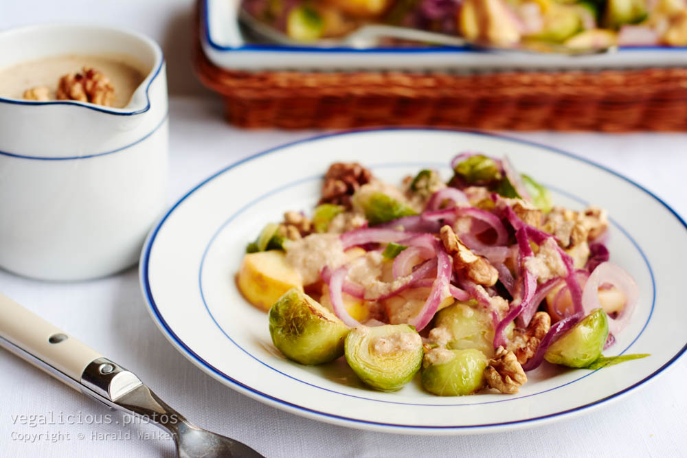 Stock photo of Brussels Sprouts with Apples and Red Onions