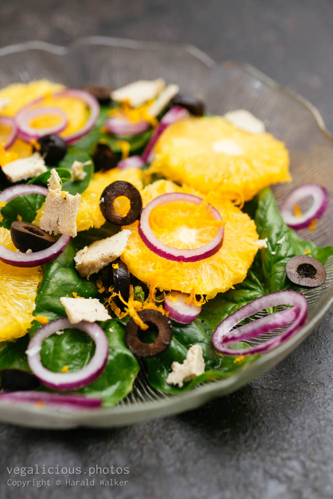 Stock photo of Spinach Salad with Oranges, Black Olives, and Red Onions