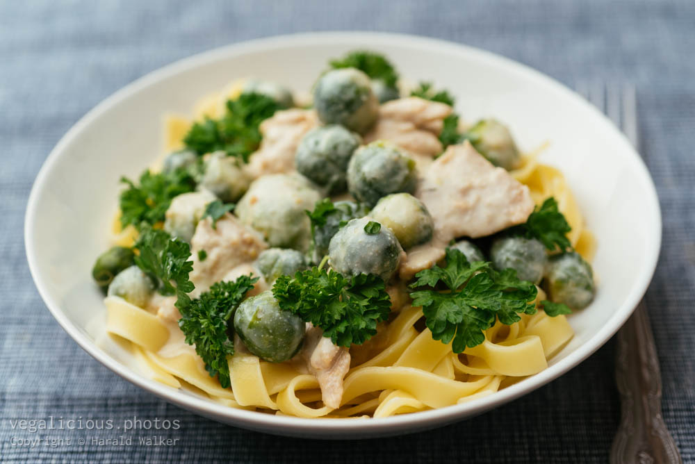Stock photo of Vegan Chickun, Brussels Sprouts Alfredo