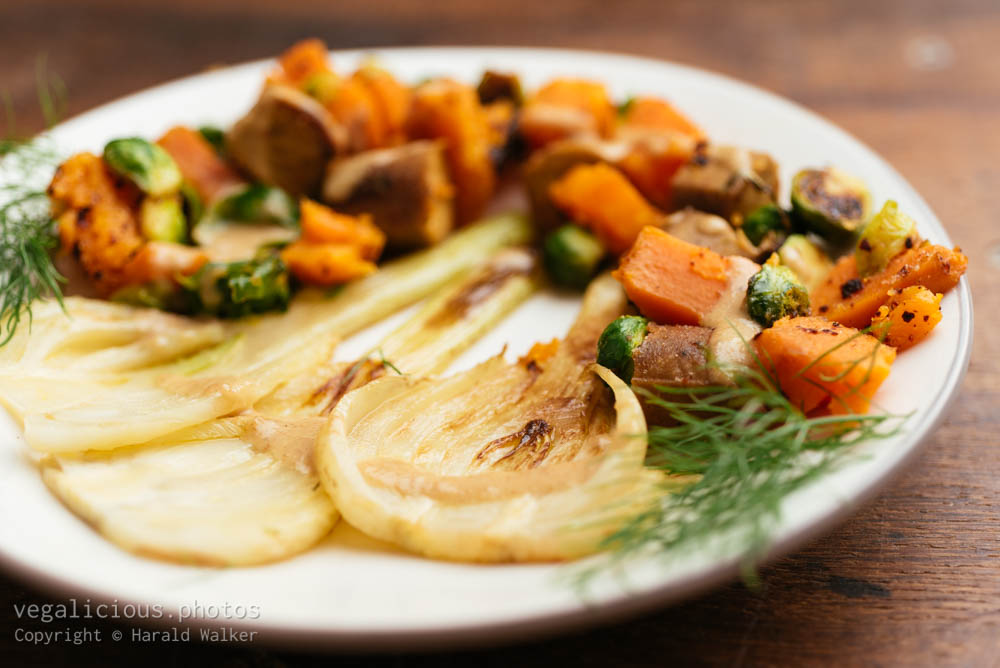 Stock photo of Sweet Potato, Fennel, Brussels Sprout Pan with Vegan sausages