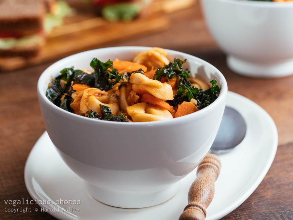 Stock photo of Vegan Tortellini Soup with TVP and Kale