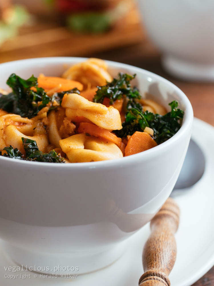 Stock photo of Vegan Tortellini Soup with TVP and Kale