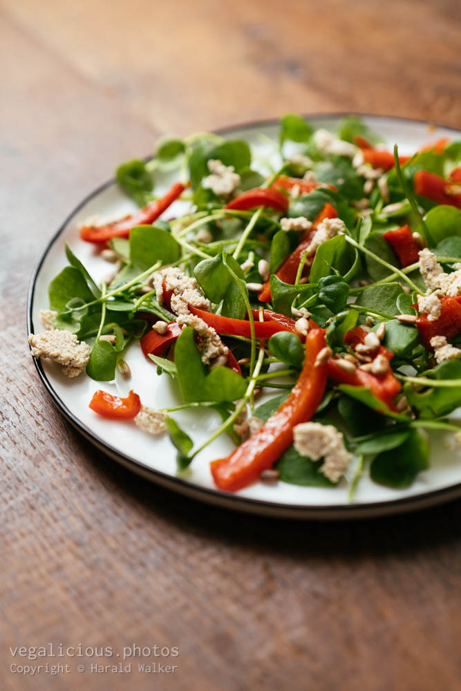 Stock photo of Purslane with Red Bell Pepper, Feta and Sunflower Seeds