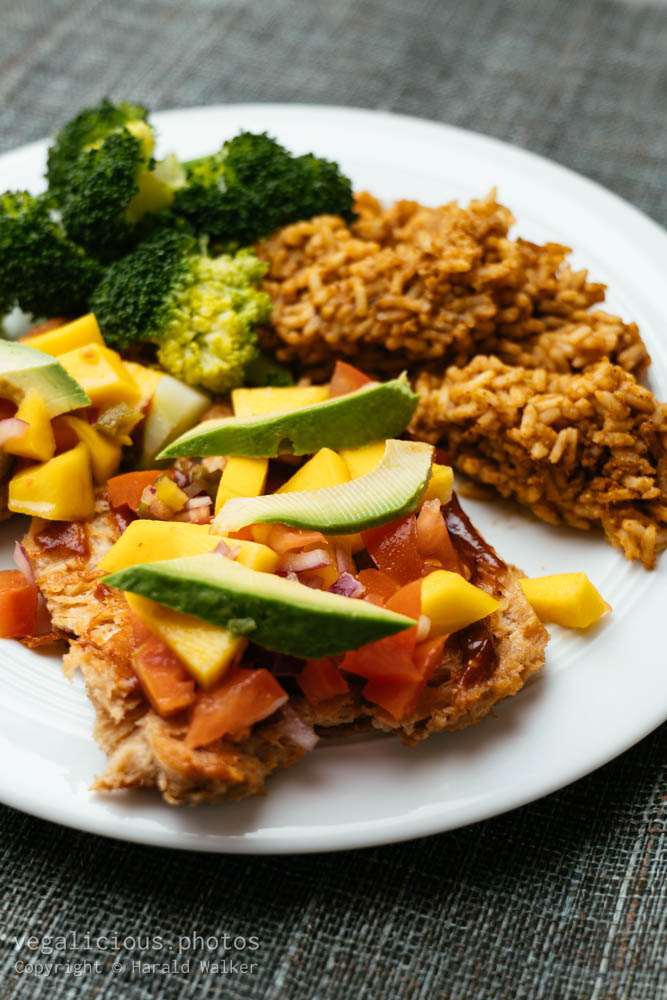 Stock photo of Spicy TVP Cutlets with Mango Salsa, Mexican Rice and Broccoli