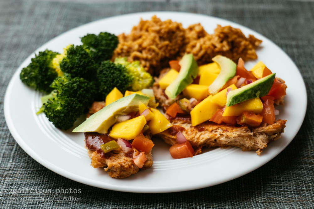 Stock photo of Spicy TVP Cutlets with Mango Salsa, Mexican Rice and Broccoli