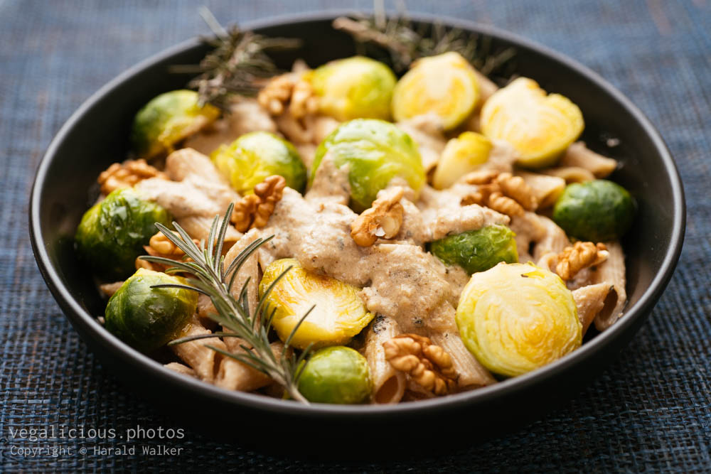 Stock photo of Whole wheat Pasta with Brussels sprouts and Walnut Sauce