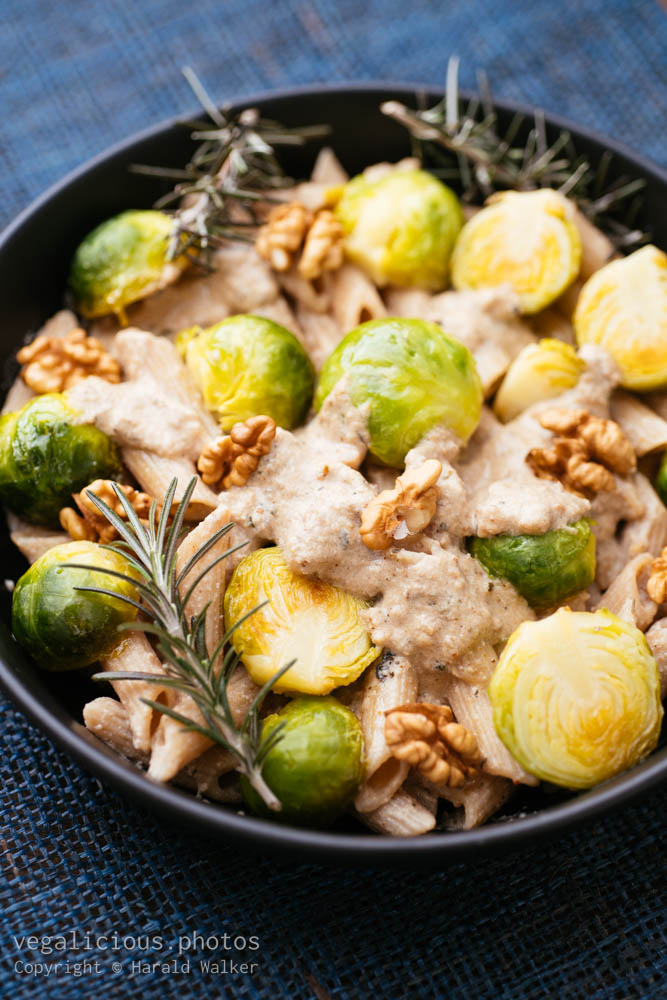 Stock photo of Whole wheat Pasta with Brussels sprouts and Walnut Sauce