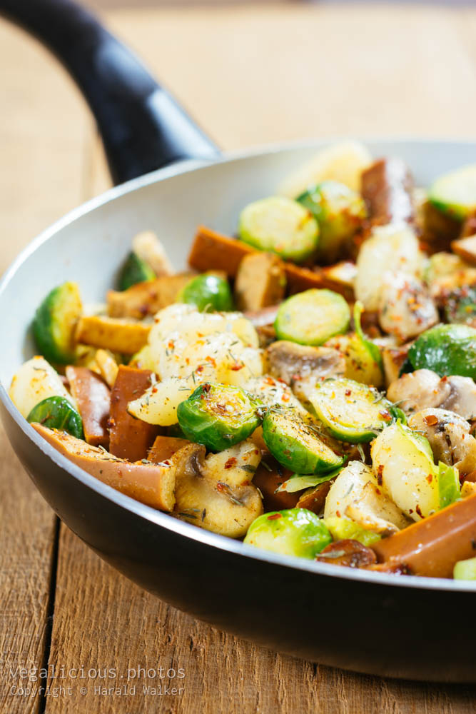 Stock photo of Gnocchi with Brussels Sprouts, Mushroom and Vegan Hot Dogs