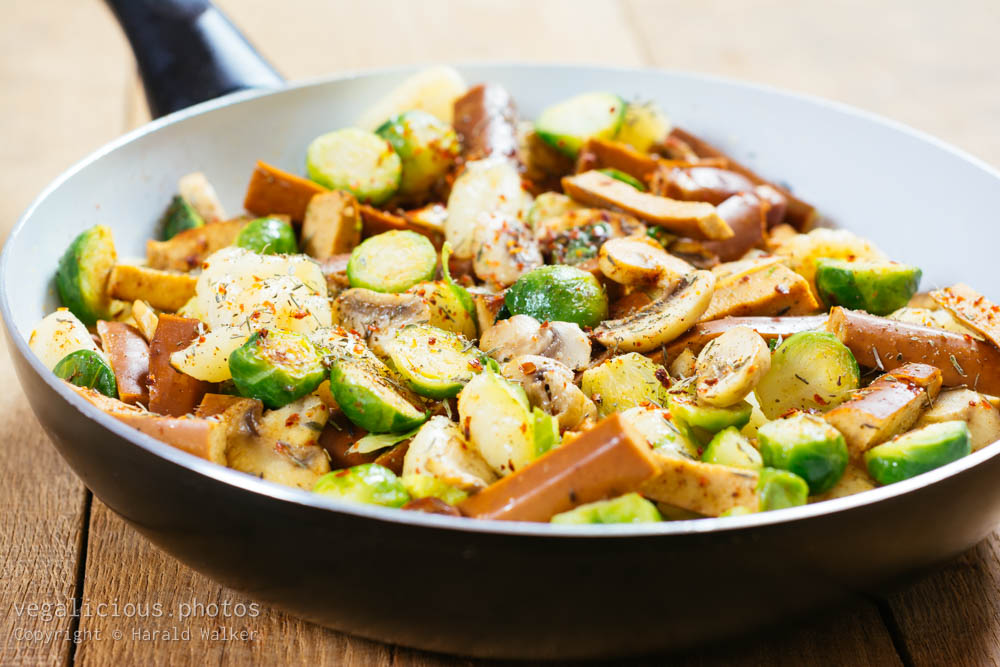 Stock photo of Gnocchi with Brussels Sprouts, Mushroom and Vegan Hot Dogs