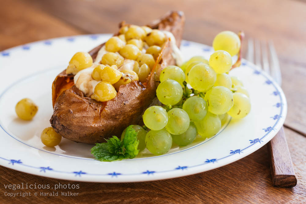 Stock photo of Roasted Grape Filled Sweet Potatoes