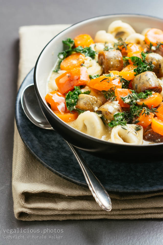 Stock photo of Vegan Tortellini with Sausage and Creamy Vegetable Sauce