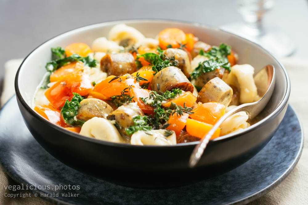 Stock photo of Vegan Tortellini with Sausage and Creamy Vegetable Sauce