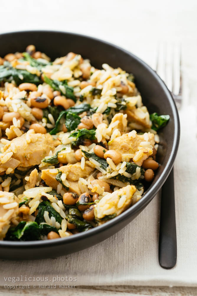 Stock photo of Black-eyed Peas, Rice,  Spinach and Vegan Chickun