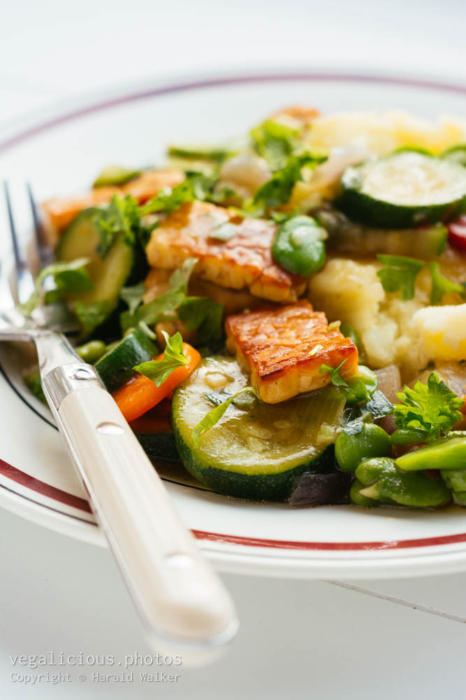 Stock photo of Braised Tempeh with Mixed Vegetables on Mashed Potatoes