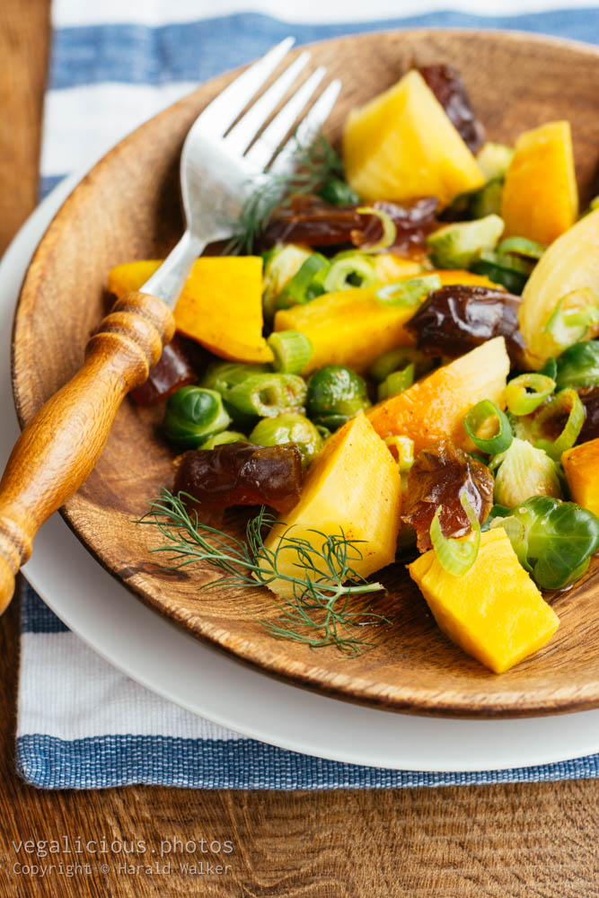 Stock photo of Roasted Yellow Beets with Brussels Sprouts and Dates