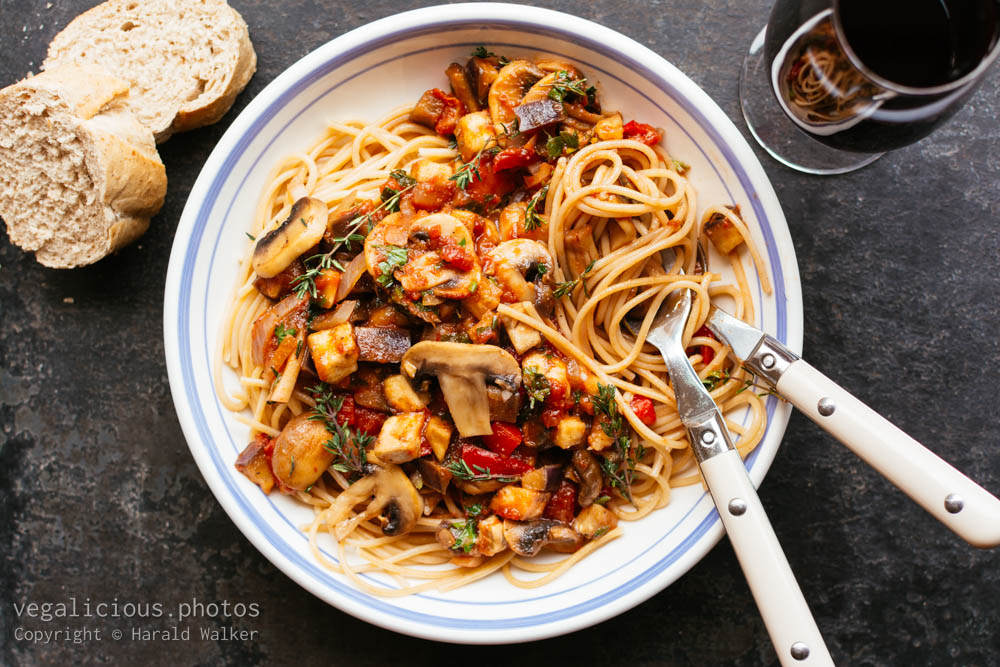 Stock photo of Eggplant Mushroom Ragù on Pasta