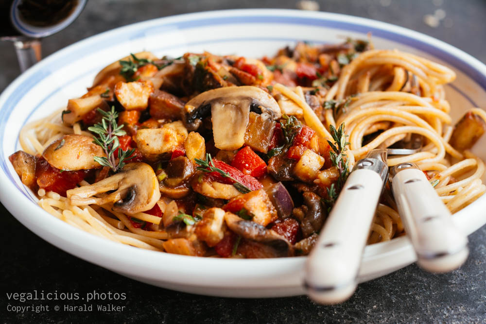 Stock photo of Eggplant Mushroom Ragù on Pasta