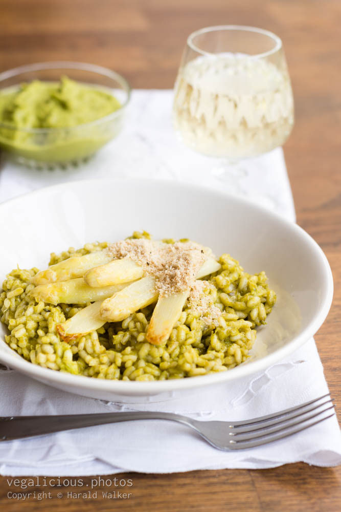Stock photo of Green Asparagus Risotto with White Asparagus Spears