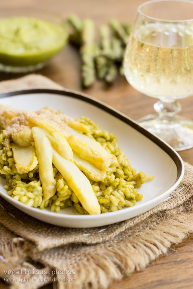 Stock photo of Green Asparagus Risotto with White Asparagus Spears