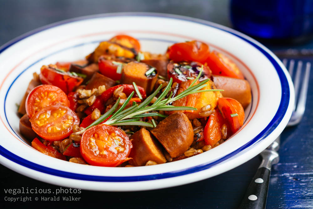 Stock photo of Farro with sweet potatoes, vegan sausage, and roasted paprika