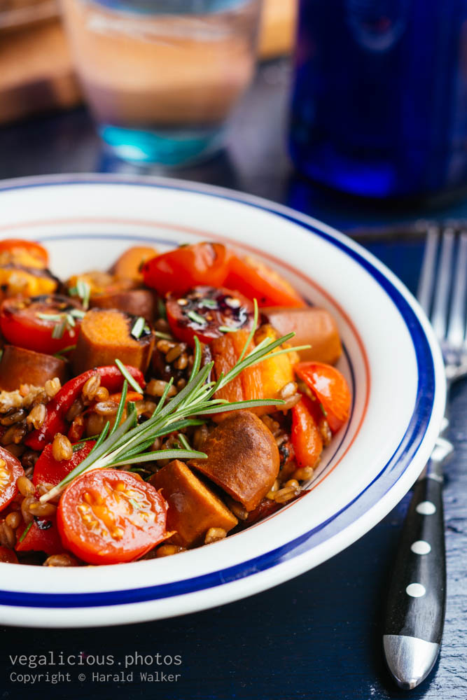 Stock photo of Farro with sweet potatoes, vegan sausage and roasted paprika