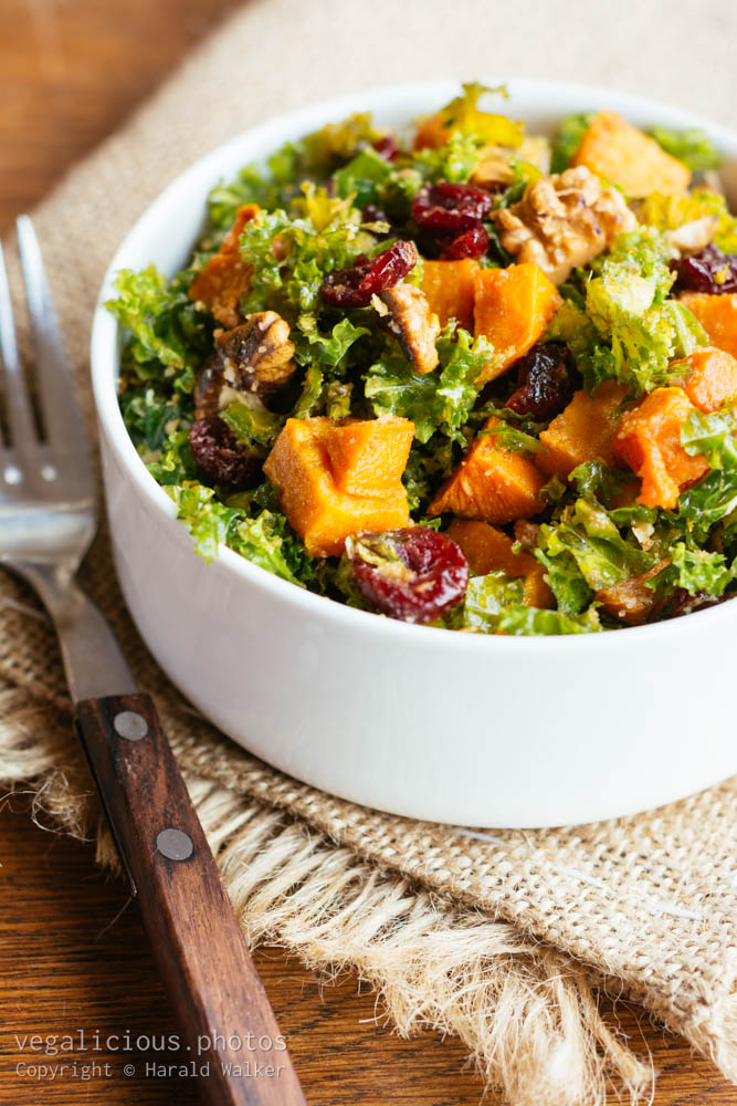 Stock photo of Kale Salad with Roasted Sweet Potatoes, Cranberries and Walnuts