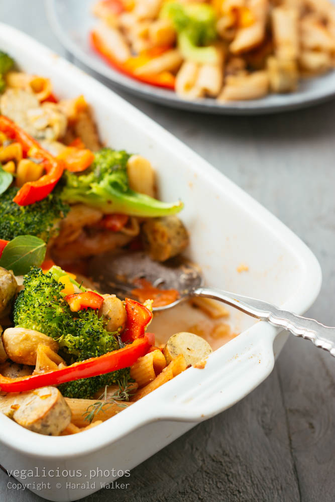 Stock photo of Pasta Casserole with Vegan Sausages and Vegetables