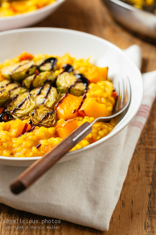 Stock photo of Squash Risotto with Roasted Brussels Sprouts and Balsamic Vinegar Reduction