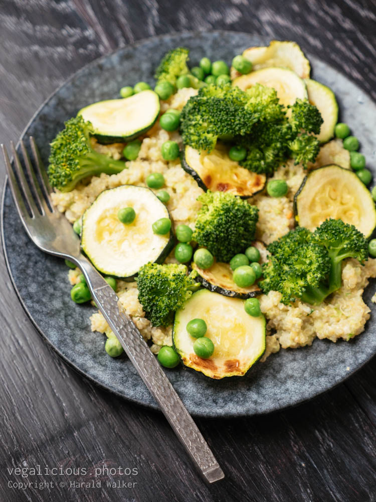 Stock photo of Quinoa with roasted zucchini, peas and broccoli