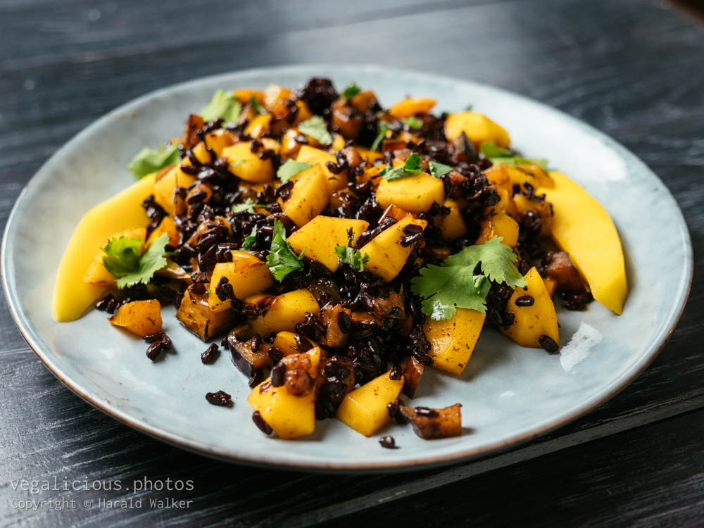 Stock photo of Forbidden Rice with Eggplant, Orange Bell Pepper and Mango