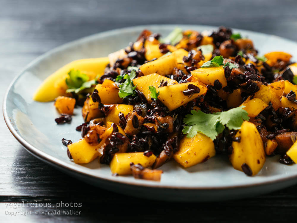 Stock photo of Forbidden Rice with Eggplant, Orange Bell Pepper and Mango