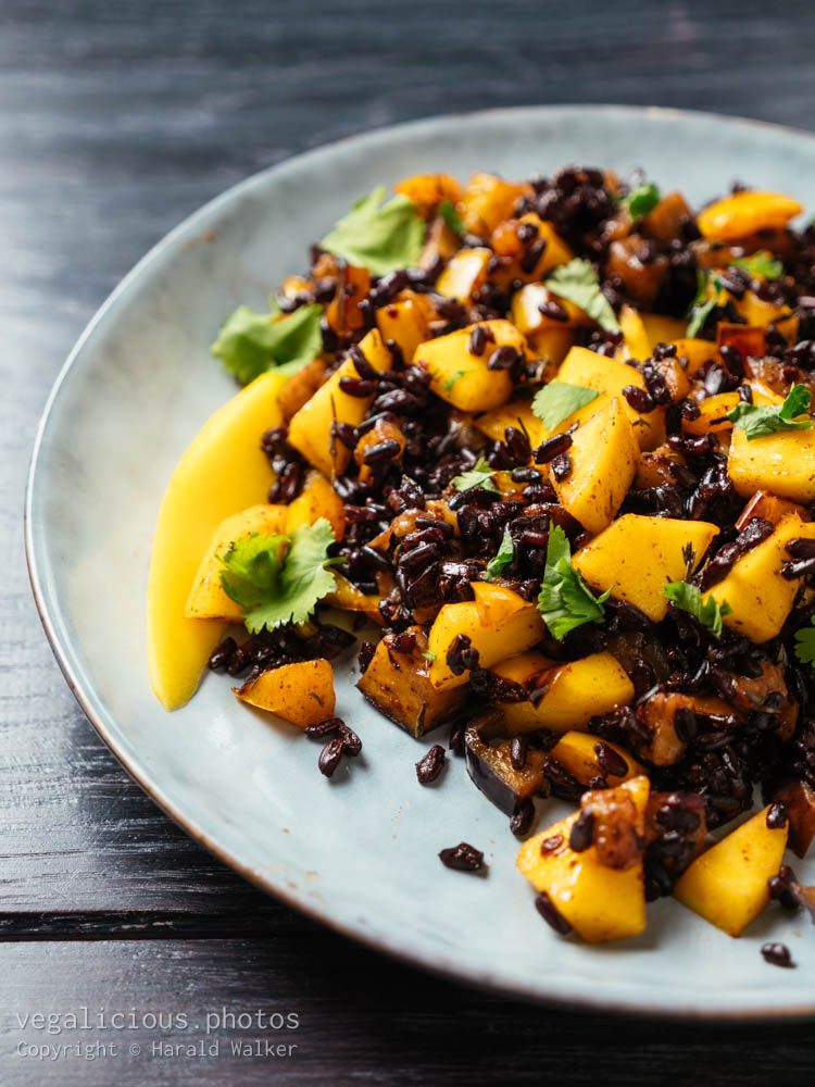 Stock photo of Forbidden Rice with Eggplant, Orange Bell Pepper and Mango