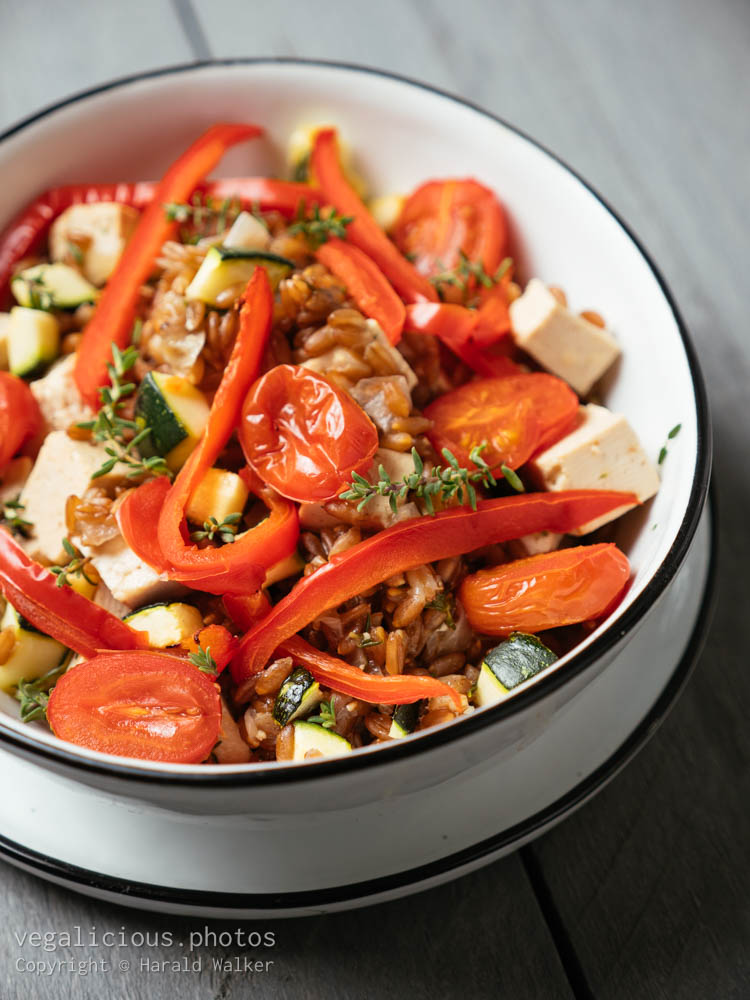 Stock photo of Emmer Risotto, with Tofu and Roasted Vegetables