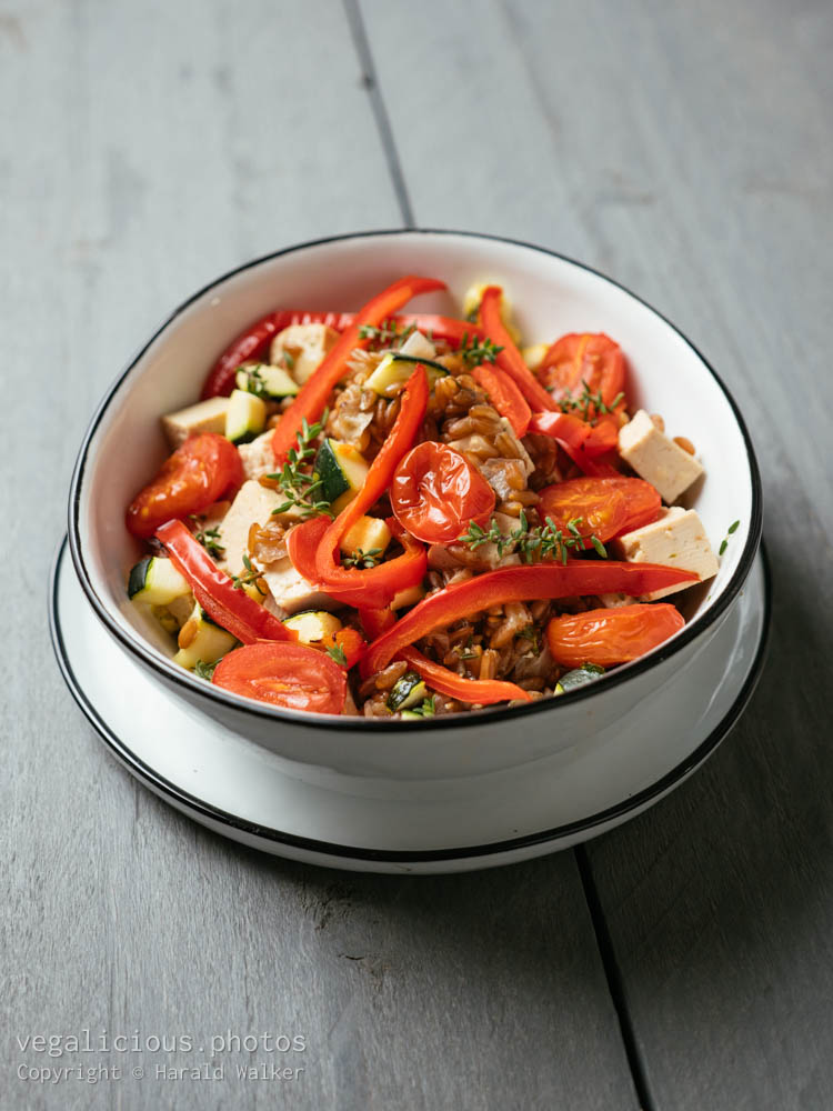 Stock photo of Emmer Risotto, with Tofu and Roasted Vegetables