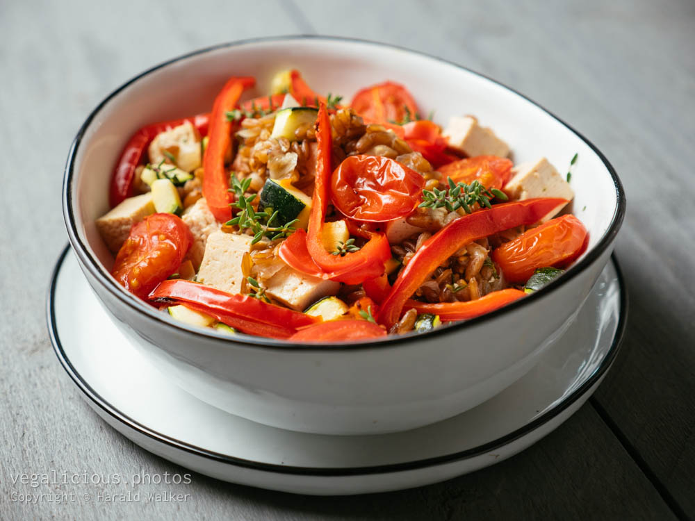 Stock photo of Emmer Risotto, with Tofu and Roasted Vegetables