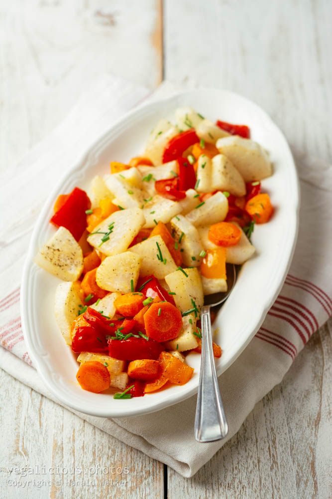 Stock photo of Roasted Daikon Radish, Carrots and Bell Peppers