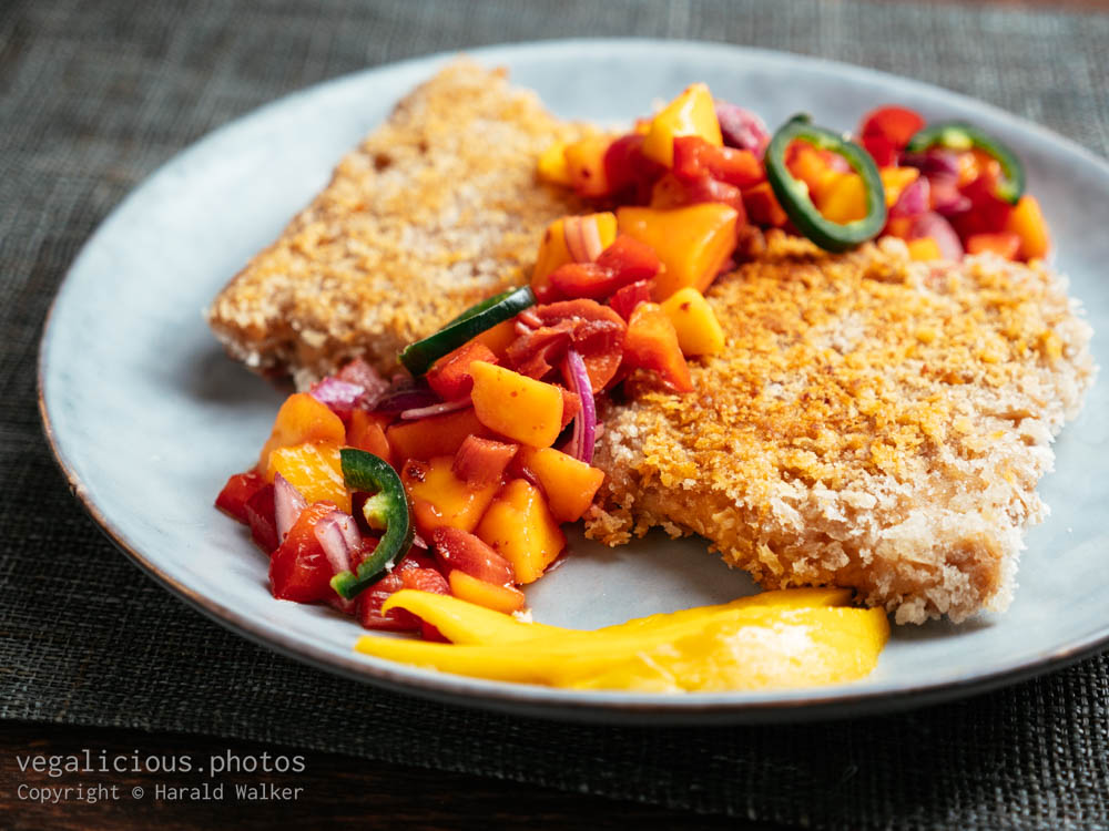 Stock photo of TVP Schnitzels with Mango, Rhubarb Salsa