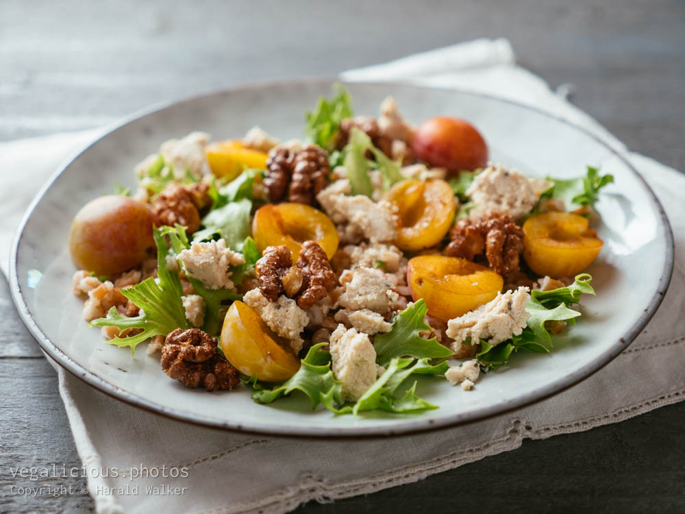 Stock photo of Farro Salad with Mirabelle Plums, Vegan Feta and Spicy Walnuts