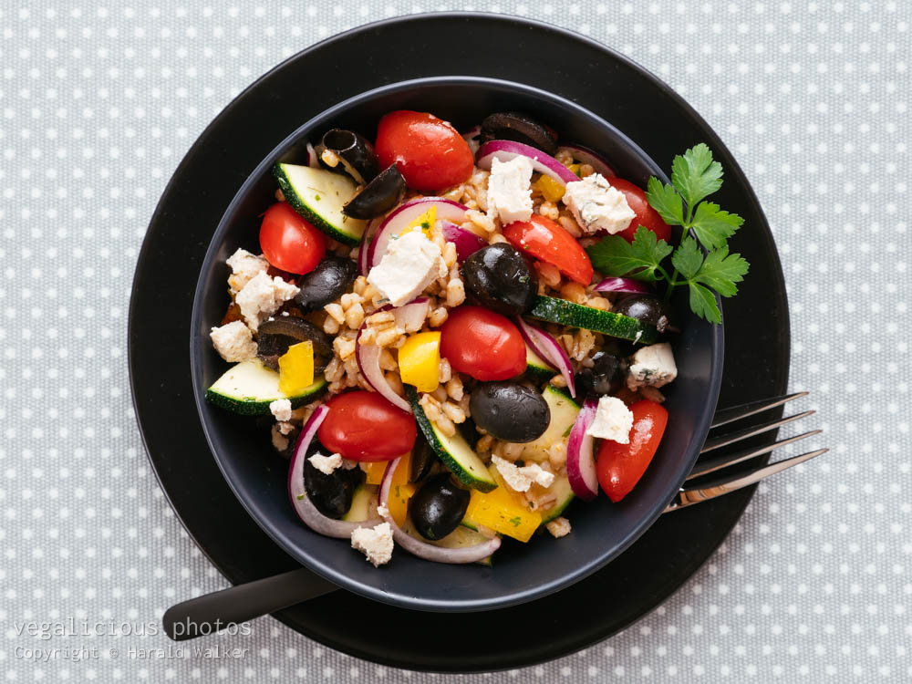 Stock photo of Greek Barley Salad with Vegan Feta