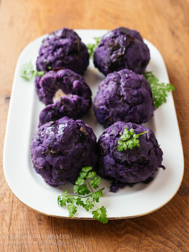 Stock photo of Purple Potaot Balls filled with Vegan Feta Cheese